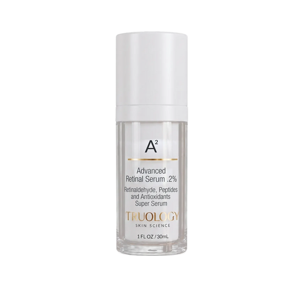 A clear glass bottle of Truology Skin Science Advanced Retinal Serum with a white cap and white label, set against a plain white background.