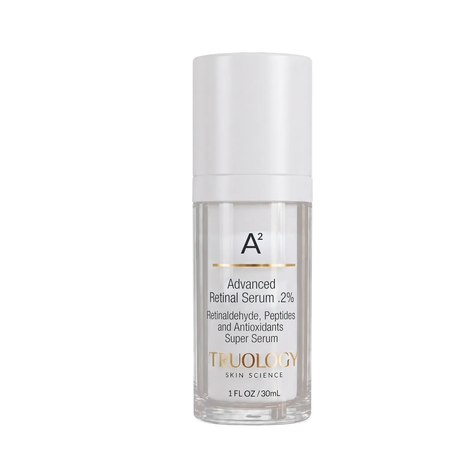 A clear glass bottle of Truology Skin Science Advanced Retinal Serum with a white cap and white label, set against a plain white background.