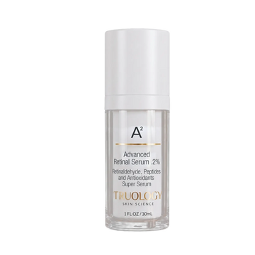A clear glass bottle of Truology Skin Science Advanced Retinal Serum with a white cap and white label, set against a plain white background.