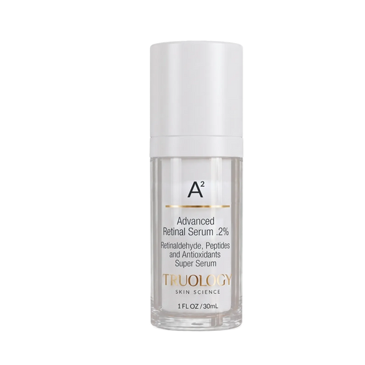 A clear glass bottle of Truology Skin Science Advanced Retinal Serum with a white cap and white label, set against a plain white background.