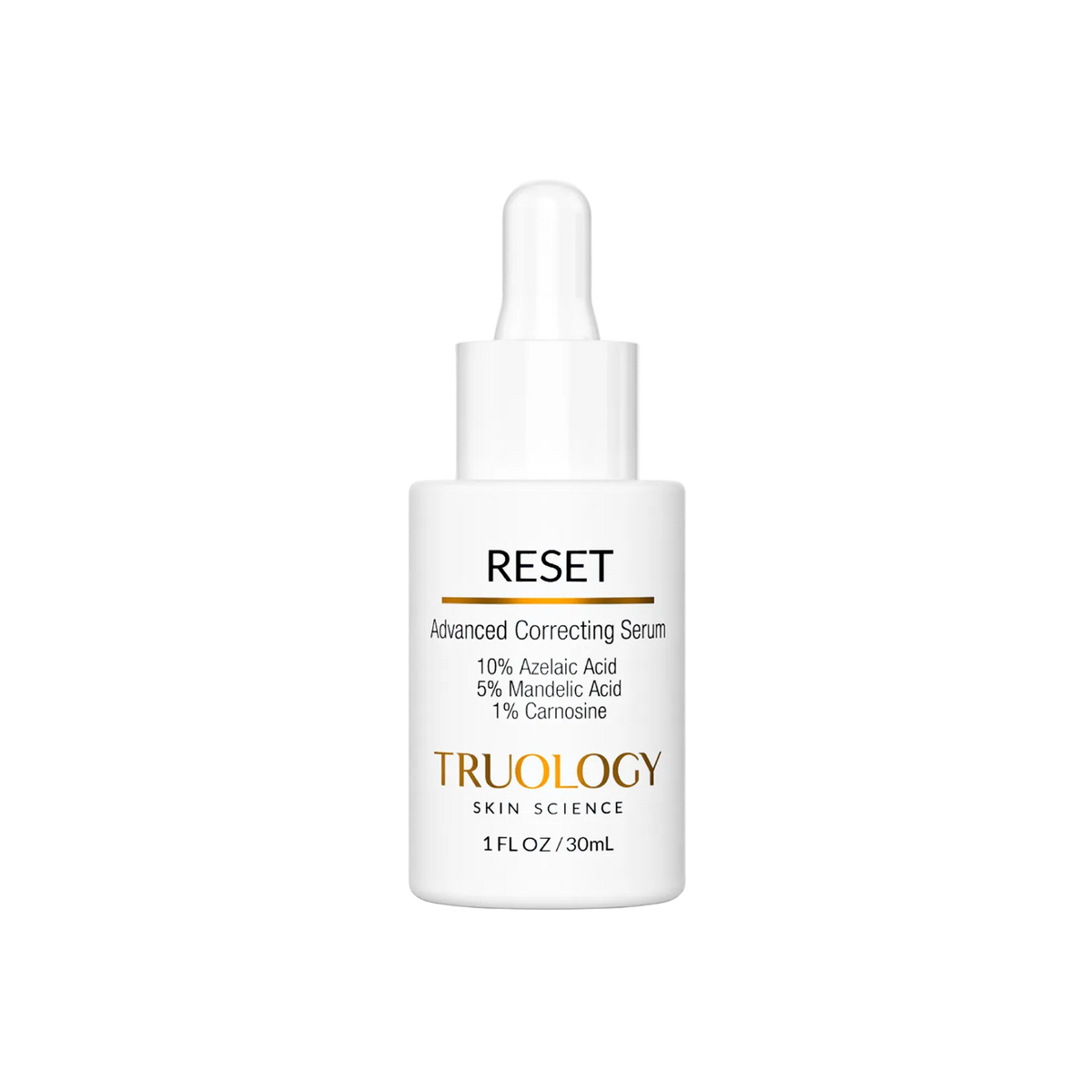 A white dropper bottle of TRUOLOGY Skin Science Reset Advanced Correcting Serum, featuring a clean white label with black and gold text, set against a solid white background.