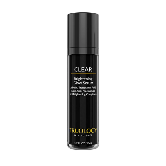 Truology Skin Science CLEAR Brightening Glow Serum in a sleek black cylindrical bottle with a matching black cap, set against a clean white background.