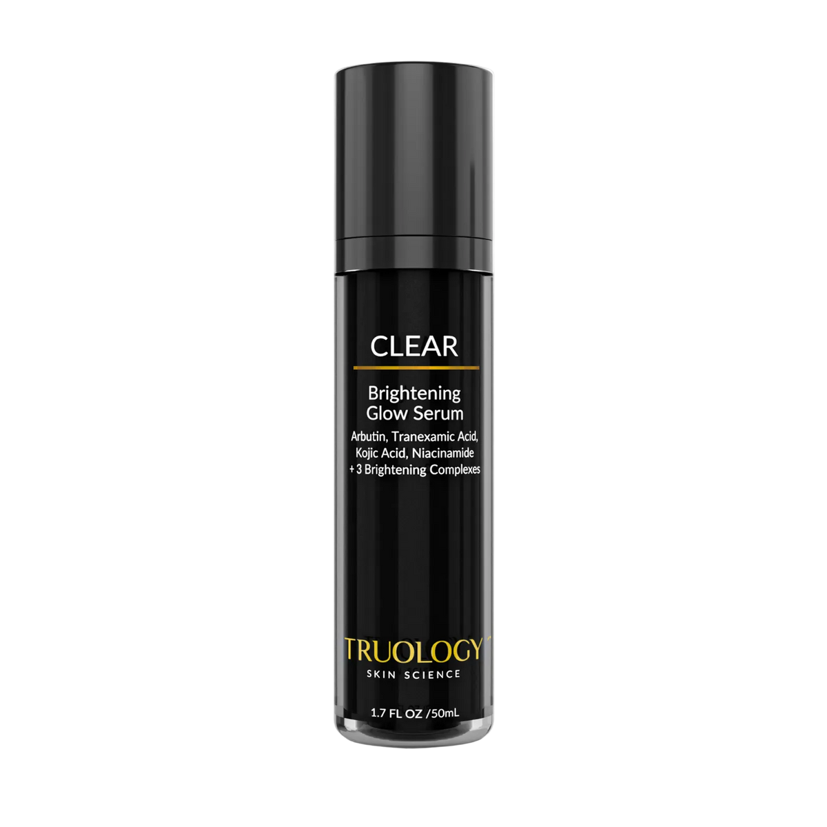 Truology Skin Science CLEAR Brightening Glow Serum in a sleek black cylindrical bottle with a matching black cap, set against a clean white background.