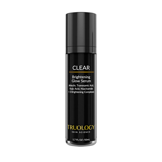 Truology Skin Science CLEAR Brightening Glow Serum in a sleek black cylindrical bottle with a matching black cap, set against a clean white background.
